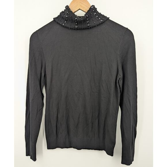 Talbots Petites Black Embellished Mock Neck Sweater PM Beaded Knit Modest Goth - Picture 3 of 7